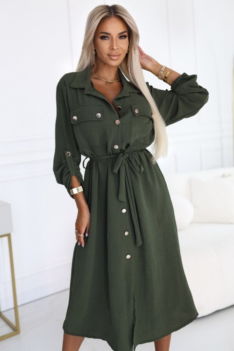 531-5 Szmizjerka midi ze złotymi guzikami i wiązaniem - KHAKI - UNI 531-5 Szmizjerka midi ze złotymi guzikami i wiązaniem - KHAKI - UNI