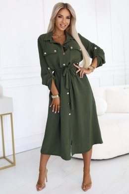531-5 Szmizjerka midi ze złotymi guzikami i wiązaniem - KHAKI - UNI
