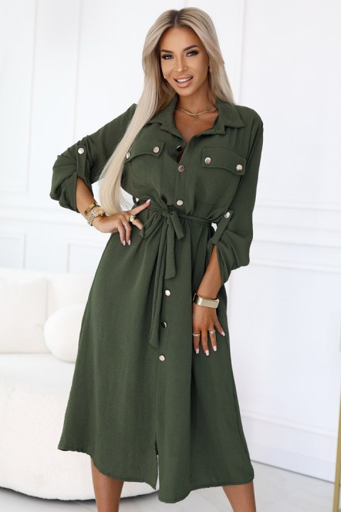 531-5 Szmizjerka midi ze złotymi guzikami i wiązaniem - KHAKI - UNI 531-5 Szmizjerka midi ze złotymi guzikami i wiązaniem - KHAKI - UNI