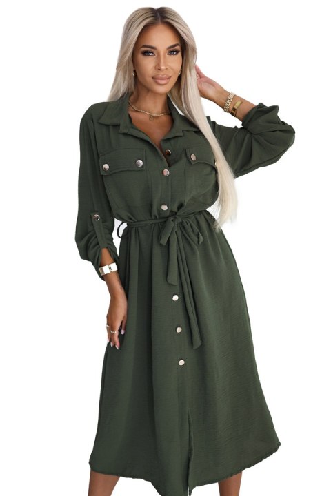 531-5 Szmizjerka midi ze złotymi guzikami i wiązaniem - KHAKI - UNI 531-5 Szmizjerka midi ze złotymi guzikami i wiązaniem - KHAKI - UNI
