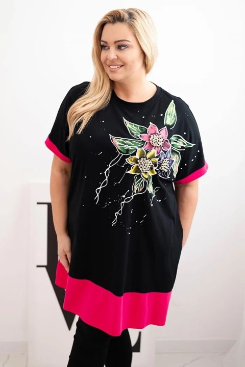 Bluzka damska Plus Size z kwiatowym wzorem i ozdobnymi perełkami fuksja uniwersalny