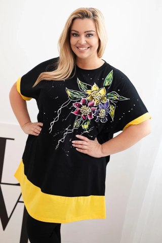 Bluzka damska Plus Size z kwiatowym wzorem i ozdobnymi perełkami żółta uniwersalny