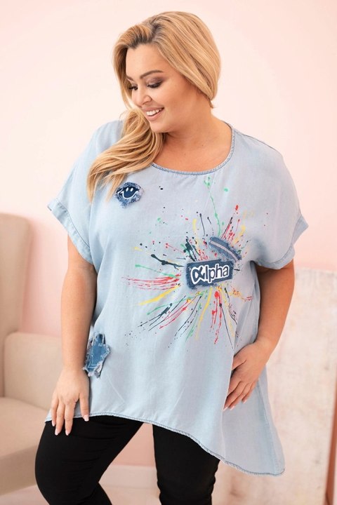 Bluzka damska Plus Size z naszywkami jasno jeansowa uniwersalny