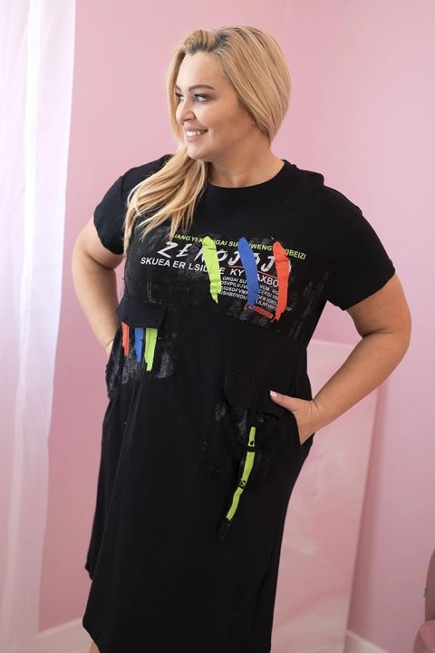 Sukienka damska Plus Size bawełniana z nadrukiem i kieszeniami czarna uniwersalny