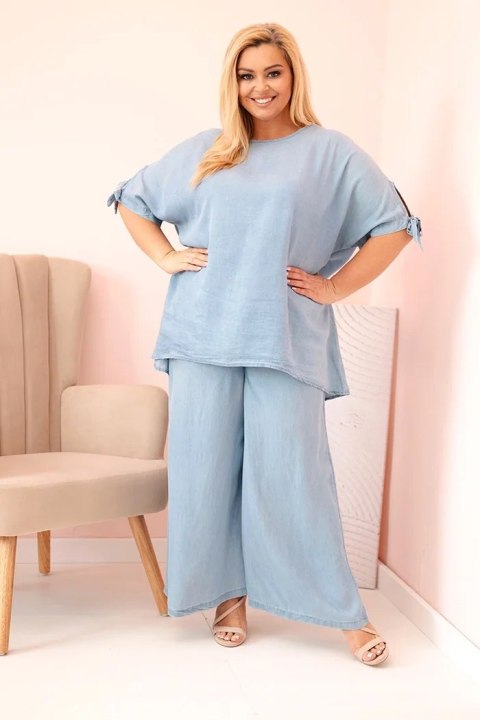 Komplet damski Plus Size z tencelu bluzka z wiązaniem i szerokie spodnie jasny jeansowy uniwersalny Komplet damski Plus Size z tencelu bluzka z wiązaniem i szerokie spodnie jasny jeansowy uniwersalny