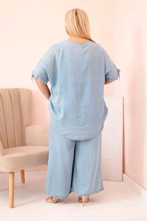 Komplet damski Plus Size z tencelu bluzka z wiązaniem i szerokie spodnie jasny jeansowy uniwersalny Komplet damski Plus Size z tencelu bluzka z wiązaniem i szerokie spodnie jasny jeansowy uniwersalny