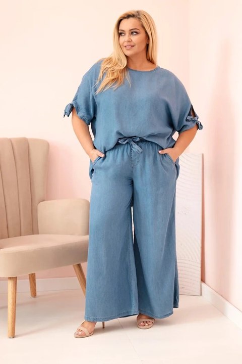 Komplet damski Plus Size z tencelu bluzka z wiązaniem i szerokie spodnie jeansowe uniwersalny