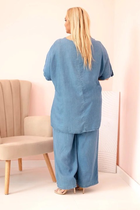 Komplet damski Plus Size z tencelu bluzka z wiązaniem i szerokie spodnie jeansowe uniwersalny