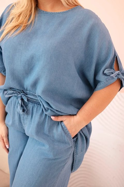Komplet damski Plus Size z tencelu bluzka z wiązaniem i szerokie spodnie jeansowe uniwersalny