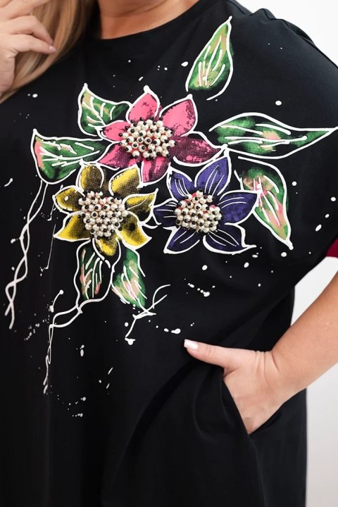 Bluzka damska Plus Size z kwiatowym wzorem i ozdobnymi perełkami fuksja uniwersalny