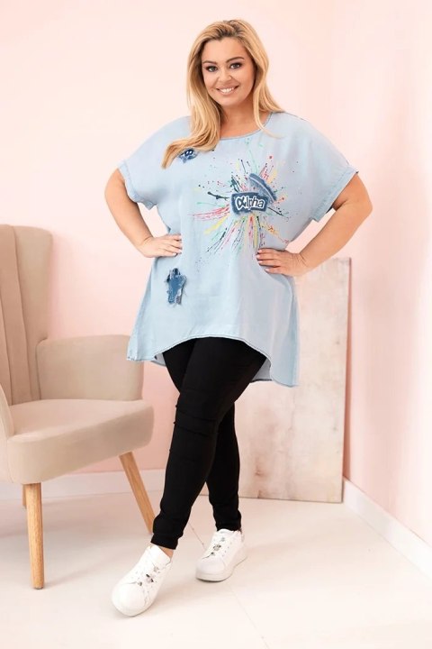 Bluzka damska Plus Size z naszywkami jasno jeansowa uniwersalny