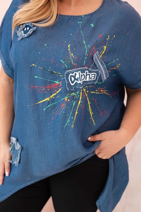 Bluzka damska Plus Size z naszywkami jeansowa uniwersalny