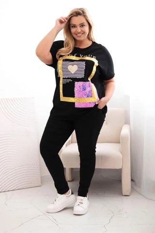 Bluzka damska bawełniana Plus Size ze złotym napisem czarny + żółty uniwersalny
