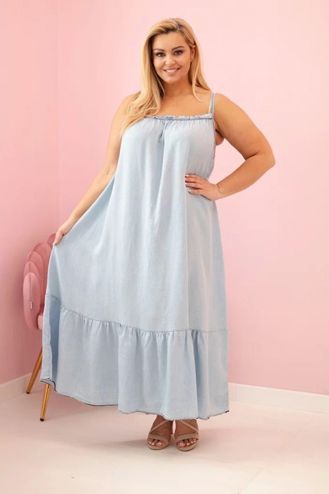 Sukienka damska Plus Size na ramiączkach z falbaną jasno jeansowa uniwersalny