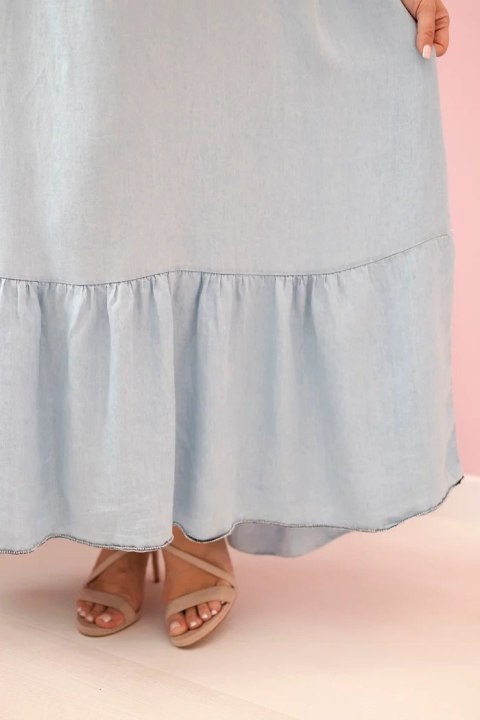 Sukienka damska Plus Size na ramiączkach z falbaną jasno jeansowa uniwersalny