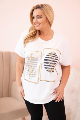 Bluzka damska bawełniana Plus Size z dżetami biały + granatowy uniwersalny