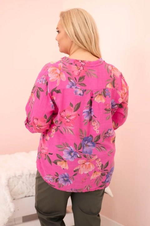 Bluzka damska Plus Size bawełniana w kwiaty różowa
