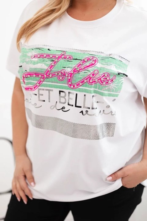 Bluzka damska bawełniana Plus Size z cekinowym napisem biały + zielony uniwersalny Bluzka damska bawełniana Plus Size z cekinowym napisem biały + zielony uniwersalny