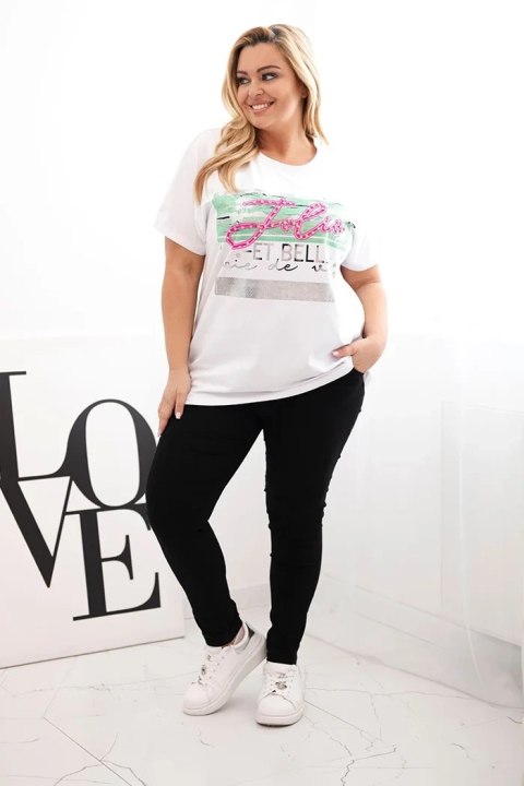Bluzka damska bawełniana Plus Size z cekinowym napisem biały + zielony uniwersalny Bluzka damska bawełniana Plus Size z cekinowym napisem biały + zielony uniwersalny