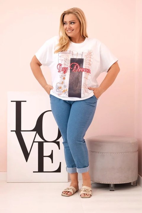 Bluzka damska bawełniana Plus Size z nadrukiem Day Dream biały + granatowy Bluzka damska bawełniana Plus Size z nadrukiem Day Dream biały + granatowy