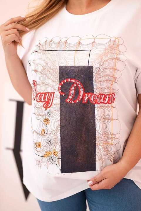 Bluzka damska bawełniana Plus Size z nadrukiem Day Dream biały + granatowy Bluzka damska bawełniana Plus Size z nadrukiem Day Dream biały + granatowy