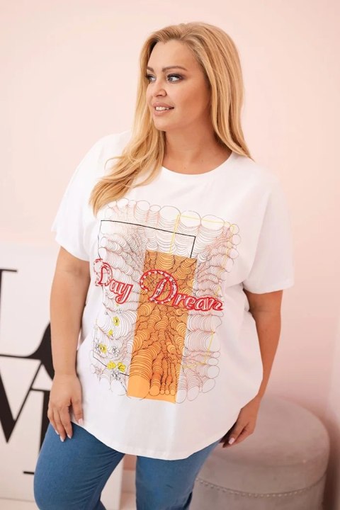 Bluzka damska bawełniana Plus Size z nadrukiem Day Dream biały + pomarańczowy Bluzka damska bawełniana Plus Size z nadrukiem Day Dream biały + pomarańczowy