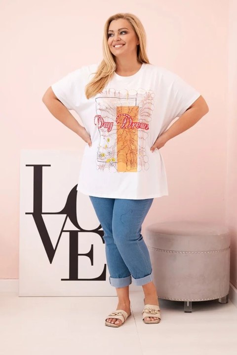 Bluzka damska bawełniana Plus Size z nadrukiem Day Dream biały + pomarańczowy Bluzka damska bawełniana Plus Size z nadrukiem Day Dream biały + pomarańczowy