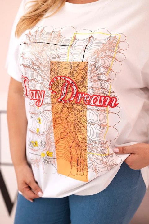 Bluzka damska bawełniana Plus Size z nadrukiem Day Dream biały + pomarańczowy Bluzka damska bawełniana Plus Size z nadrukiem Day Dream biały + pomarańczowy