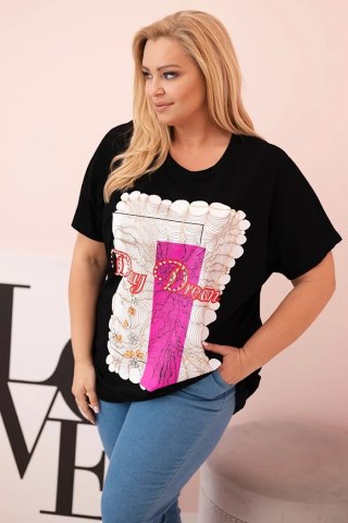 Bluzka damska bawełniana Plus Size z nadrukiem Day Dream czarny + różowy uniwersalny