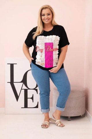 Bluzka damska bawełniana Plus Size z nadrukiem Day Dream czarny + różowy uniwersalny