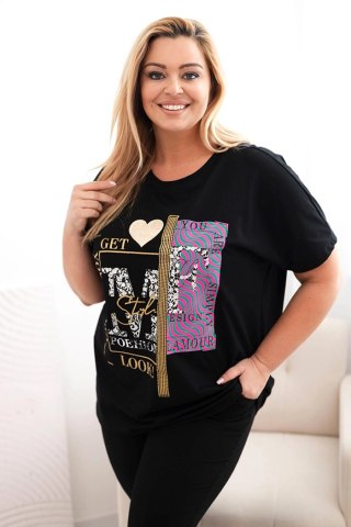 Bluzka damska bawełniana Plus Size z nadrukiem i cekinami czarny + różowy uniwersalny