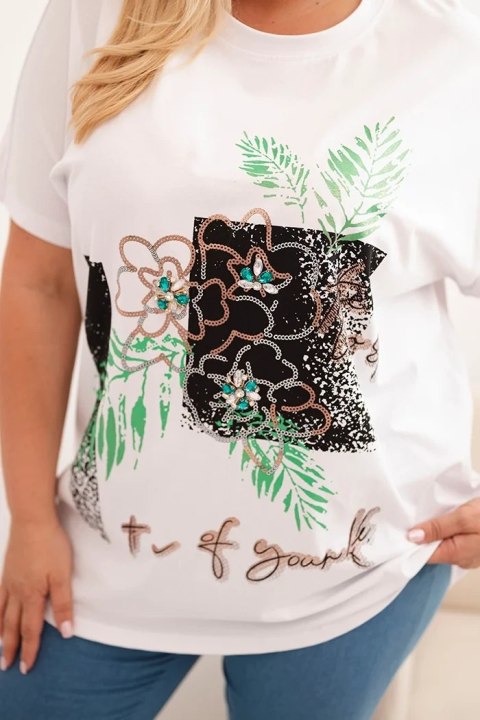 Bluzka damska bawełniana Plus Size z ozdobnym nadrukiem kwiatowym biały + zielony Bluzka damska bawełniana Plus Size z ozdobnym nadrukiem kwiatowym biały + zielony