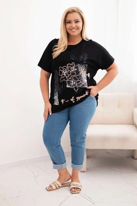 Bluzka damska bawełniana Plus Size z ozdobnym nadrukiem kwiatowym czarny + granatowy Bluzka damska bawełniana Plus Size z ozdobnym nadrukiem kwiatowym czarny + granatowy