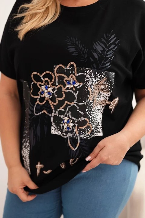 Bluzka damska bawełniana Plus Size z ozdobnym nadrukiem kwiatowym czarny + granatowy Bluzka damska bawełniana Plus Size z ozdobnym nadrukiem kwiatowym czarny + granatowy