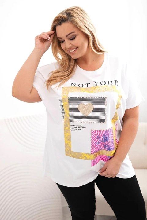 Bluzka damska bawełniana Plus Size ze złotym napisem biały + żółty uniwersalny Bluzka damska bawełniana Plus Size ze złotym napisem biały + żółty uniwersalny