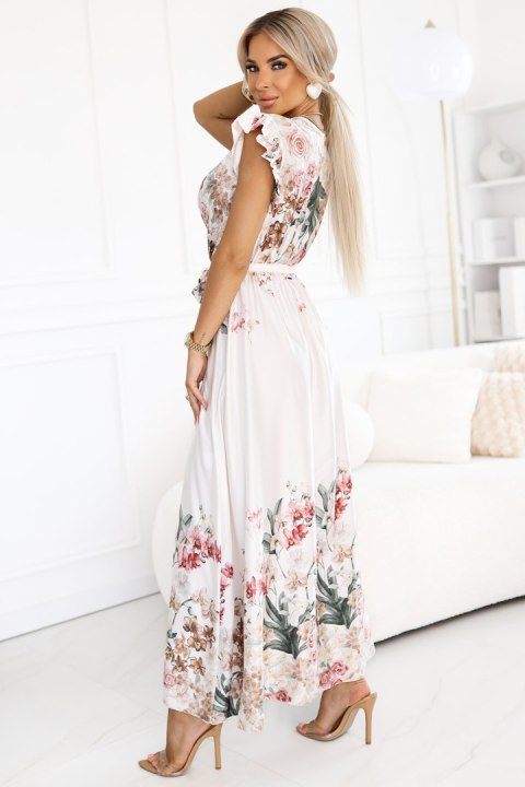 609-1 Satynowa sukienka maxi z dekoltem i kwiatowym ombre - elegancja w stylu boho - UNI 609-1 Satynowa sukienka maxi z dekoltem i kwiatowym ombre - elegancja w stylu boho - UNI