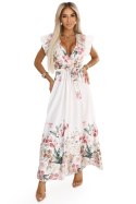 609-1 Satynowa sukienka maxi z dekoltem i kwiatowym ombre - elegancja w stylu boho - UNI