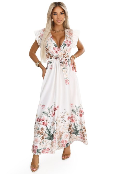 609-1 Satynowa sukienka maxi z dekoltem i kwiatowym ombre - elegancja w stylu boho - UNI 609-1 Satynowa sukienka maxi z dekoltem i kwiatowym ombre - elegancja w stylu boho - UNI