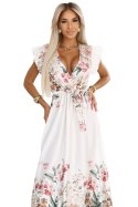 609-1 Satynowa sukienka maxi z dekoltem i kwiatowym ombre - elegancja w stylu boho - UNI