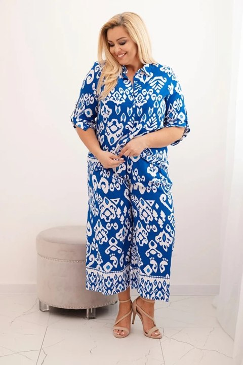 Komplet damski Plus Size wiskozowy z geometrycznym nadrukiem chabrowy uniwersalny Komplet damski Plus Size wiskozowy z geometrycznym nadrukiem chabrowy uniwersalny