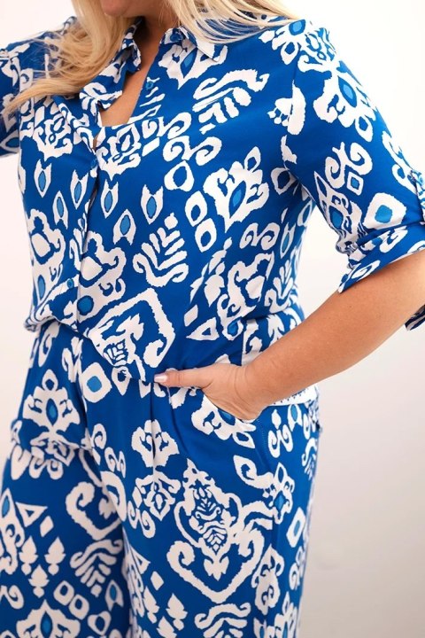 Komplet damski Plus Size wiskozowy z geometrycznym nadrukiem chabrowy uniwersalny Komplet damski Plus Size wiskozowy z geometrycznym nadrukiem chabrowy uniwersalny