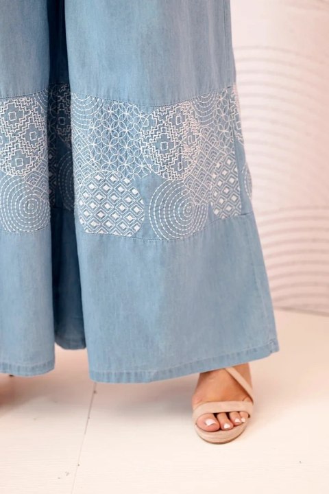 Spodnie damskie Plus Size z szeroką nogawką i haftem etnicznym jasno jeansowe uniwersalny Spodnie damskie Plus Size z szeroką nogawką i haftem etnicznym jasno jeansowe uniwersalny
