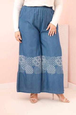 Spodnie damskie Plus Size z szeroką nogawką i haftem etnicznym jeansowe uniwersalny