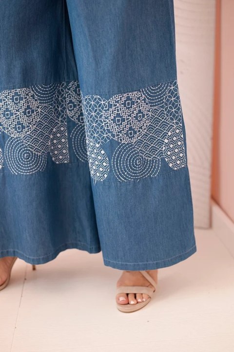 Spodnie damskie Plus Size z szeroką nogawką i haftem etnicznym jeansowe uniwersalny Spodnie damskie Plus Size z szeroką nogawką i haftem etnicznym jeansowe uniwersalny