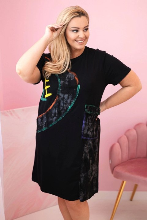 Sukienka damska bawełniana Plus Size z kolorowym nadrukiem i kieszenią czarna uniwersalny Sukienka damska bawełniana Plus Size z kolorowym nadrukiem i kieszenią czarna uniwersalny