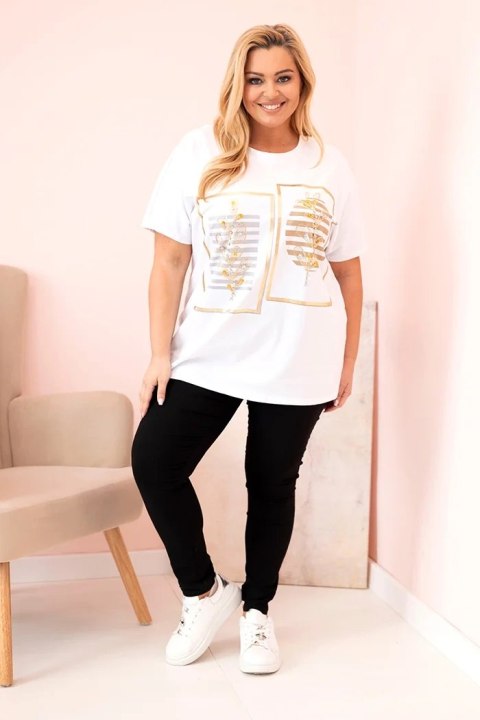 Bluzka damska bawełniana Plus Size z dżetami biały + camelowy uniwersalny
