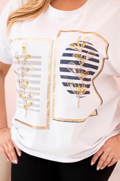 Bluzka damska bawełniana Plus Size z dżetami biały + granatowy uniwersalny Bluzka damska bawełniana Plus Size z dżetami biały + granatowy uniwersalny