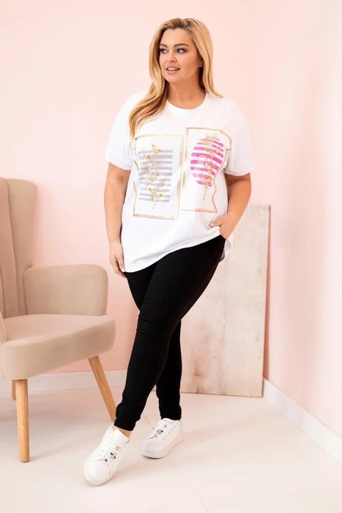 Bluzka damska bawełniana Plus Size z dżetami biały + różowy uniwersalny Bluzka damska bawełniana Plus Size z dżetami biały + różowy uniwersalny