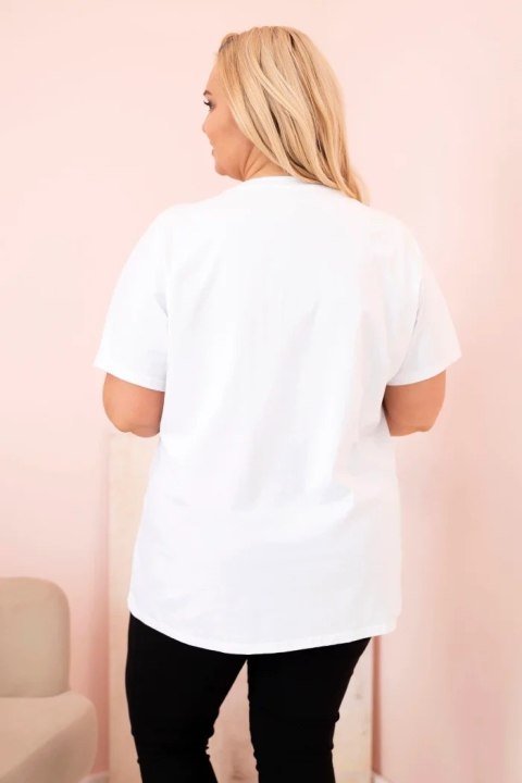 Bluzka damska bawełniana Plus Size z dżetami biały + różowy uniwersalny Bluzka damska bawełniana Plus Size z dżetami biały + różowy uniwersalny