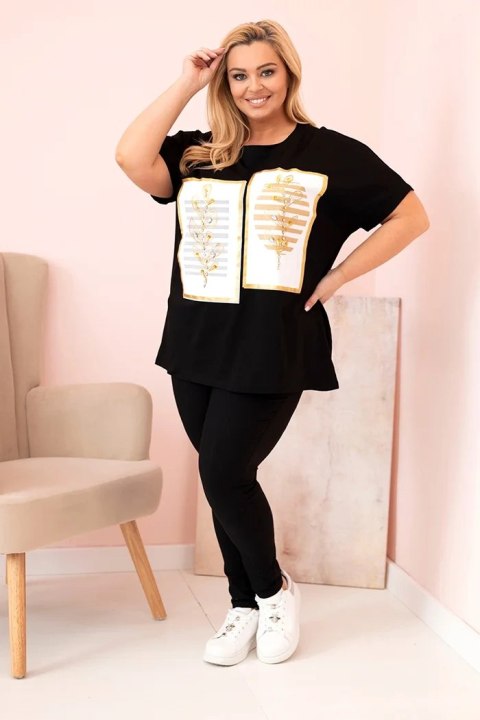 Bluzka damska bawełniana Plus Size z dżetami czarny + camelowy uniwersalny